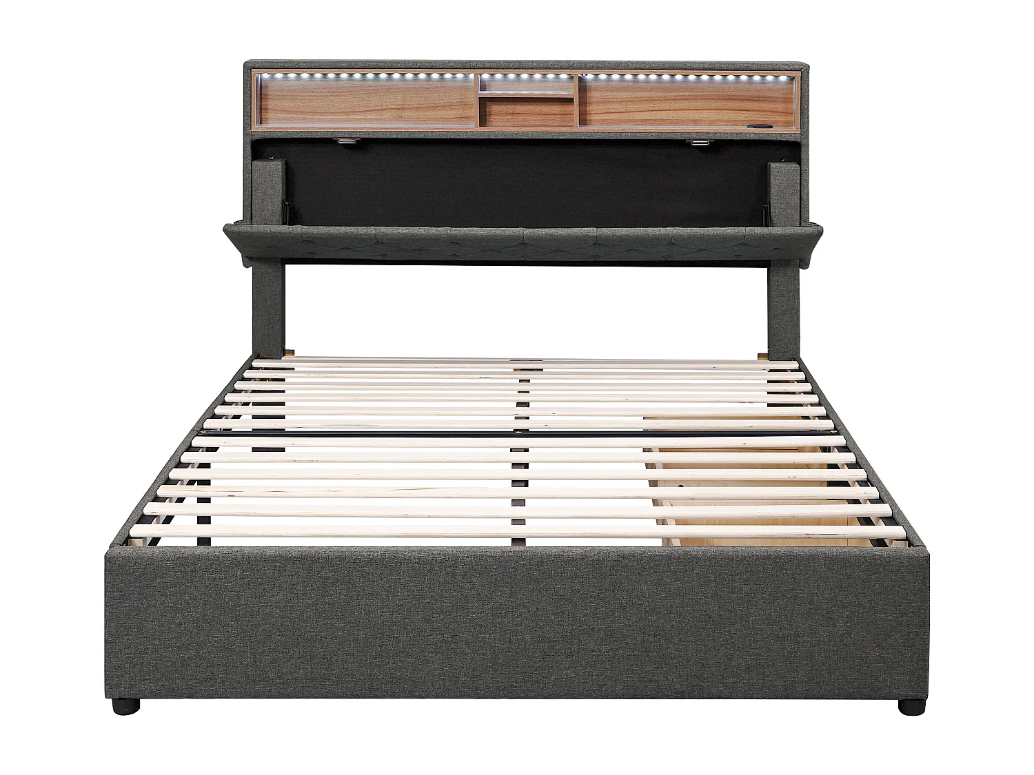 Lit double 140x200cm en lin avec LED、port USb et 2 tiroirs - tête de lit réglable - Gris