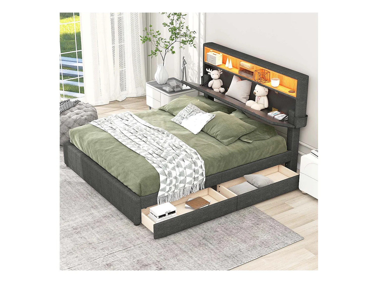 Lit double 140x200cm en lin avec LED、port USb et 2 tiroirs - tête de lit réglable - Gris
