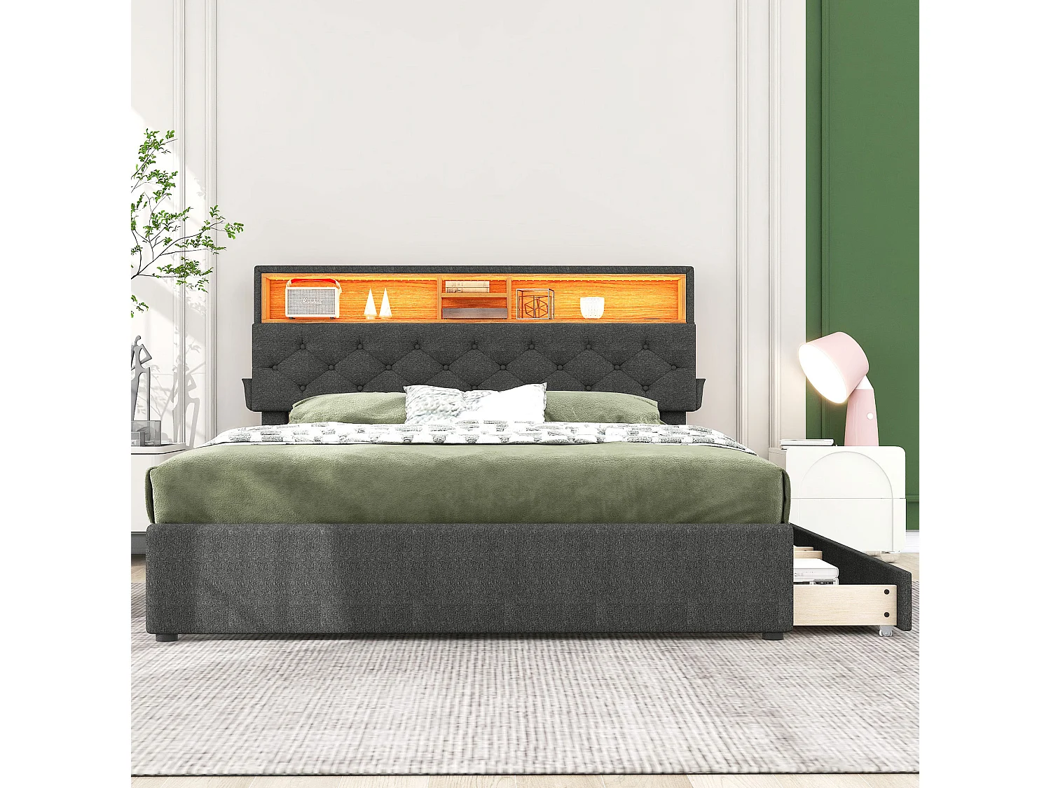 Bed van 140x200cm in linnenstof - met LED, USB-poort en 2 laden - verstelbare opbergkop - Grijs