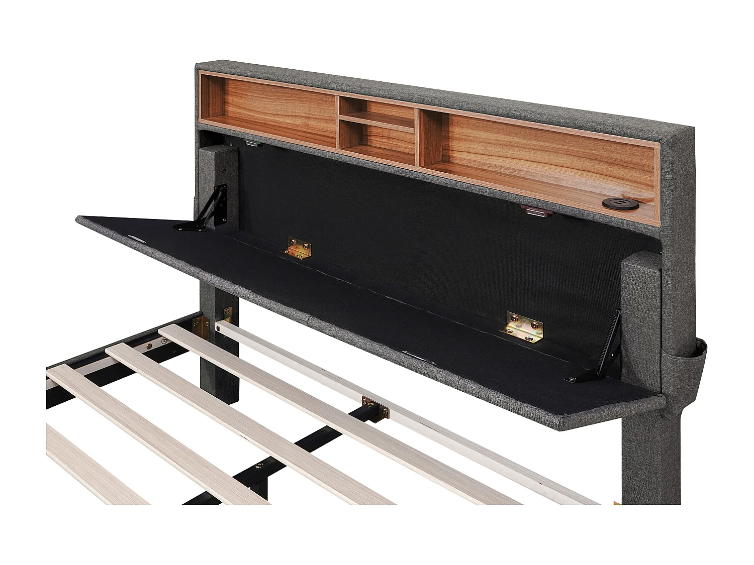 Bed van 140x200cm in linnenstof - met LED, USB-poort en 2 laden - verstelbare opbergkop - Grijs