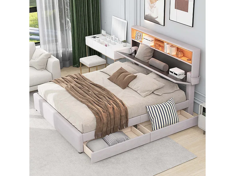 Bed van 140x200cm in linnenstof - met LED, USB-poort en 2 laden - verstelbare opbergkop - Beige