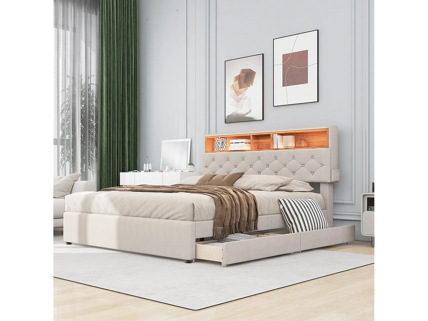 Bed van 140x200cm in linnenstof - met LED, USB-poort en 2 laden - verstelbare opbergkop - Beige