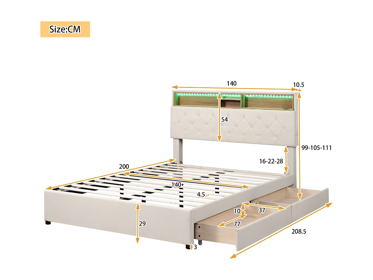 Bed van 140x200cm in linnenstof - met LED, USB-poort en 2 laden - verstelbare opbergkop - Beige