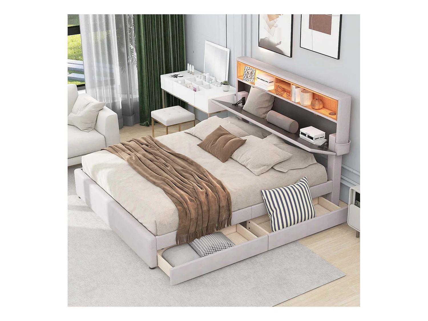 Lit double 140x200cm en lin avec LED、port USb et 2 tiroirs - tête de lit réglable - Beige