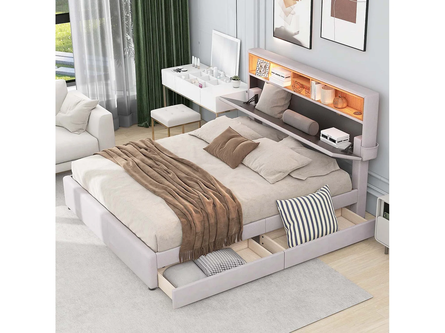 Lit double 140x200cm en lin avec LED、port USb et 2 tiroirs - tête de lit réglable - Beige