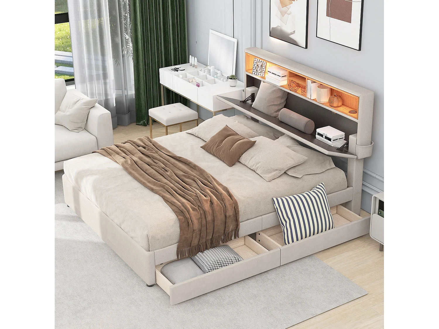 Lit double 140x200cm en lin avec LED、port USb et 2 tiroirs - tête de lit réglable - Beige