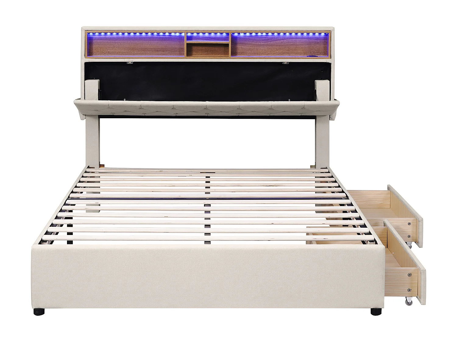 Lit double 140x200cm en lin avec LED、port USb et 2 tiroirs - tête de lit réglable - Beige