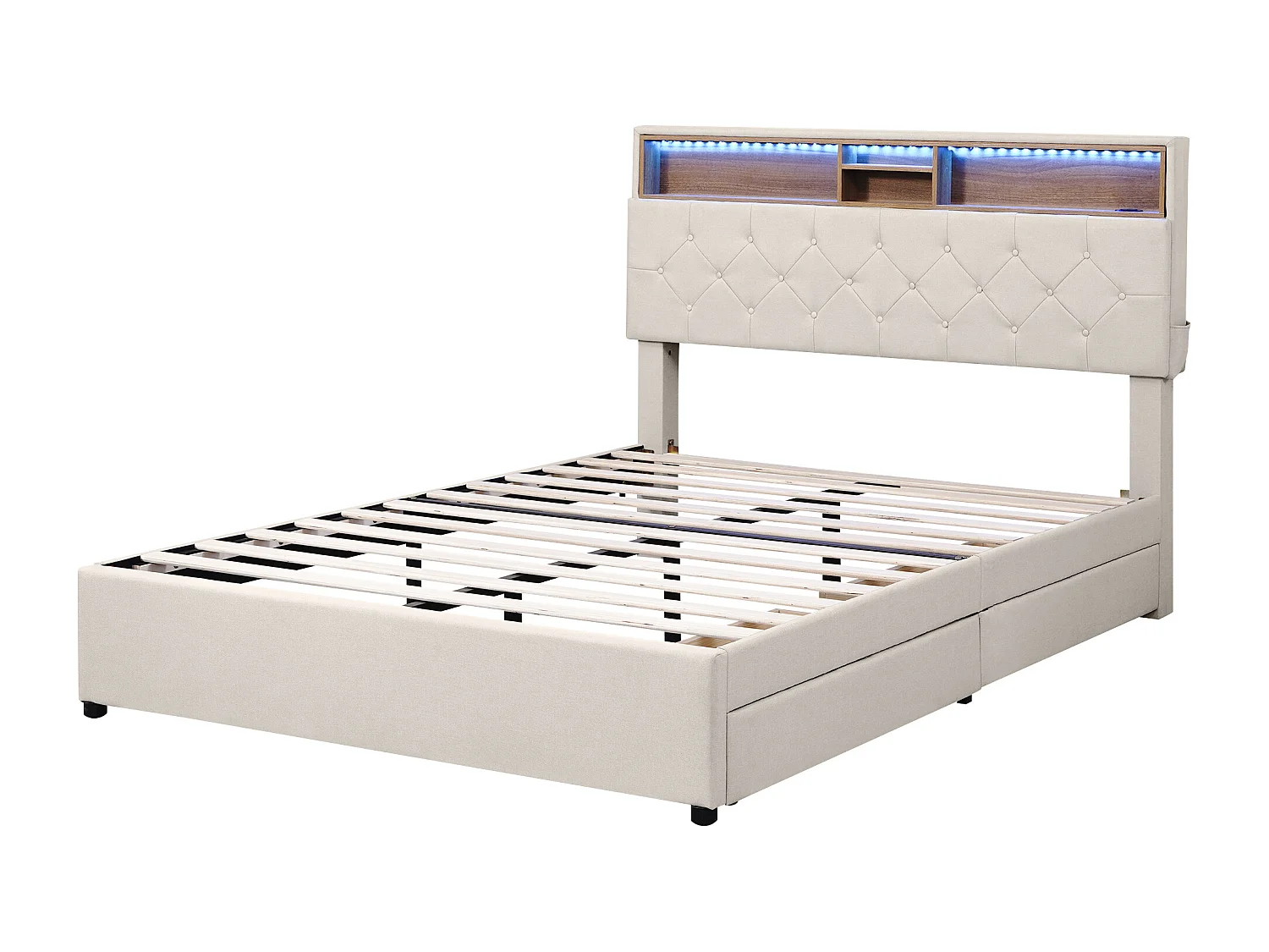 Lit double 140x200cm en lin avec LED、port USb et 2 tiroirs - tête de lit réglable - Beige