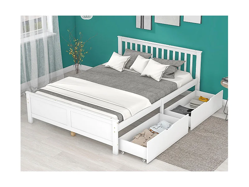 Lit simple 140x200cm en bois massif avec 2 tiroirs - Blanc