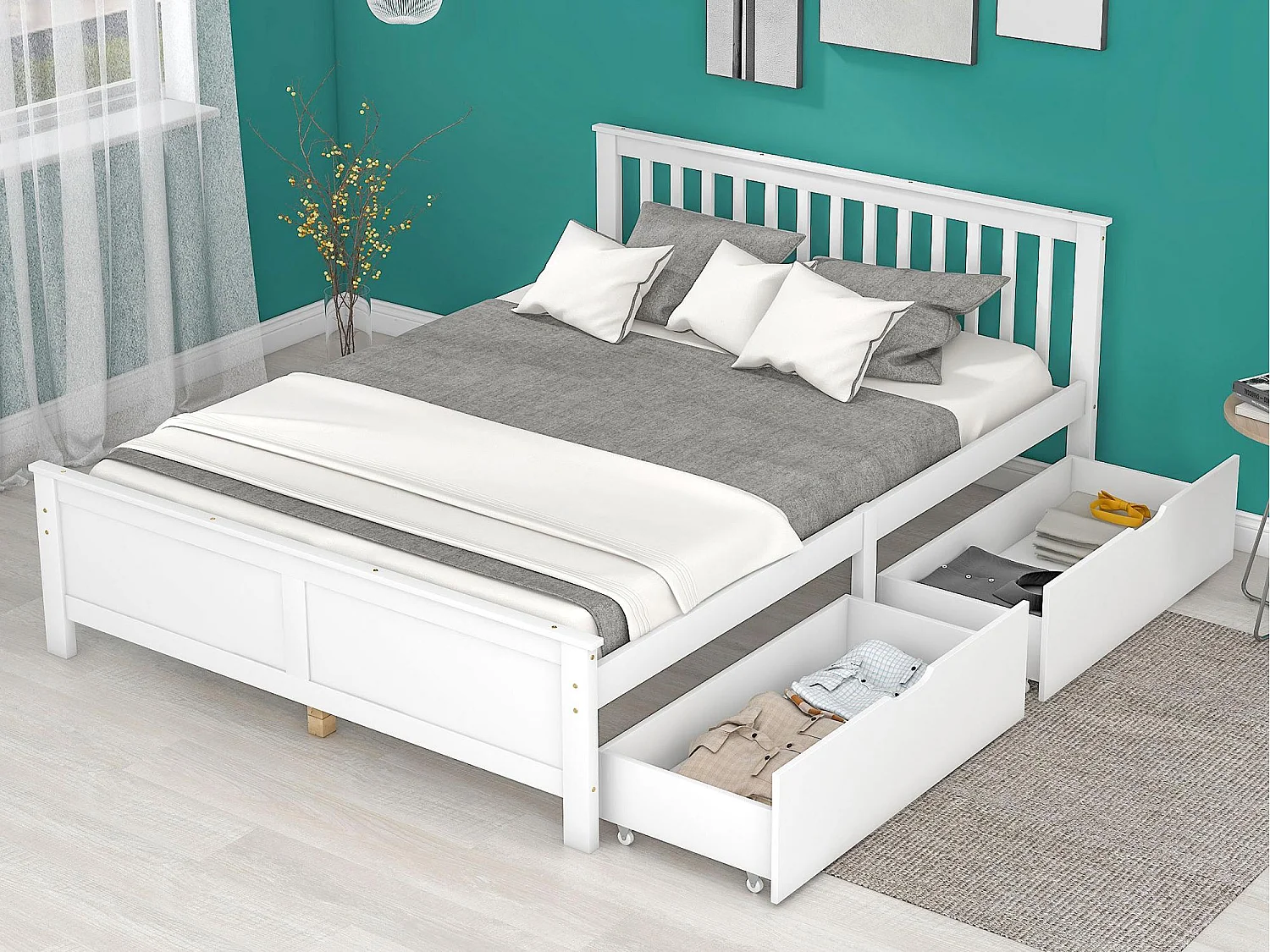 Lit simple 140x200cm en bois massif avec 2 tiroirs - Blanc