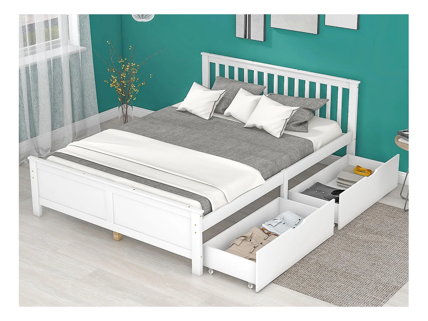 Eenpersoonsbed 140x200cm in massief hout met 2 laden - Wit