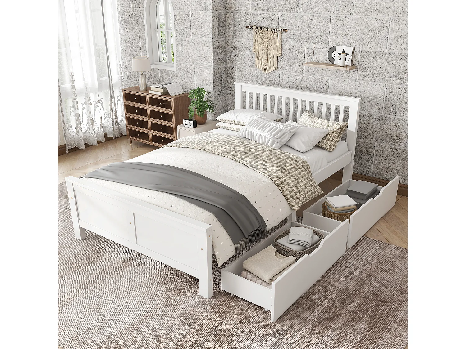 Łóżko proste 140x200cm z litego drewna z 2 szufladami - Białe