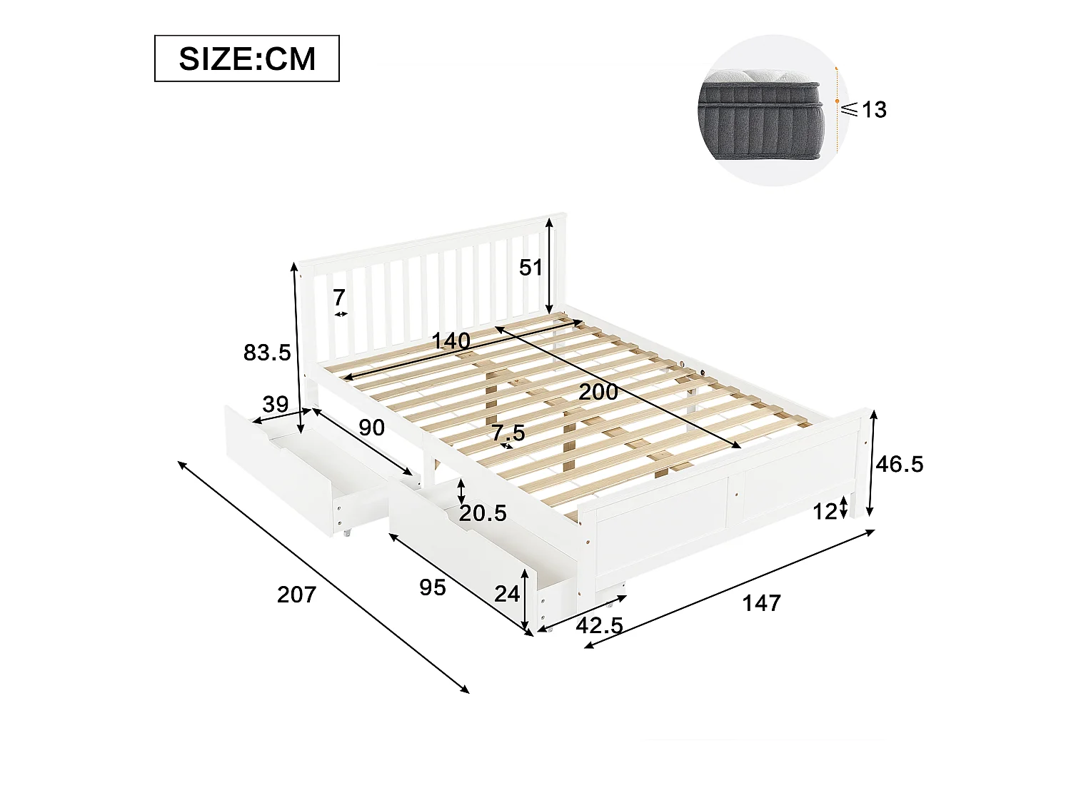 Łóżko proste 140x200cm z litego drewna z 2 szufladami - Białe