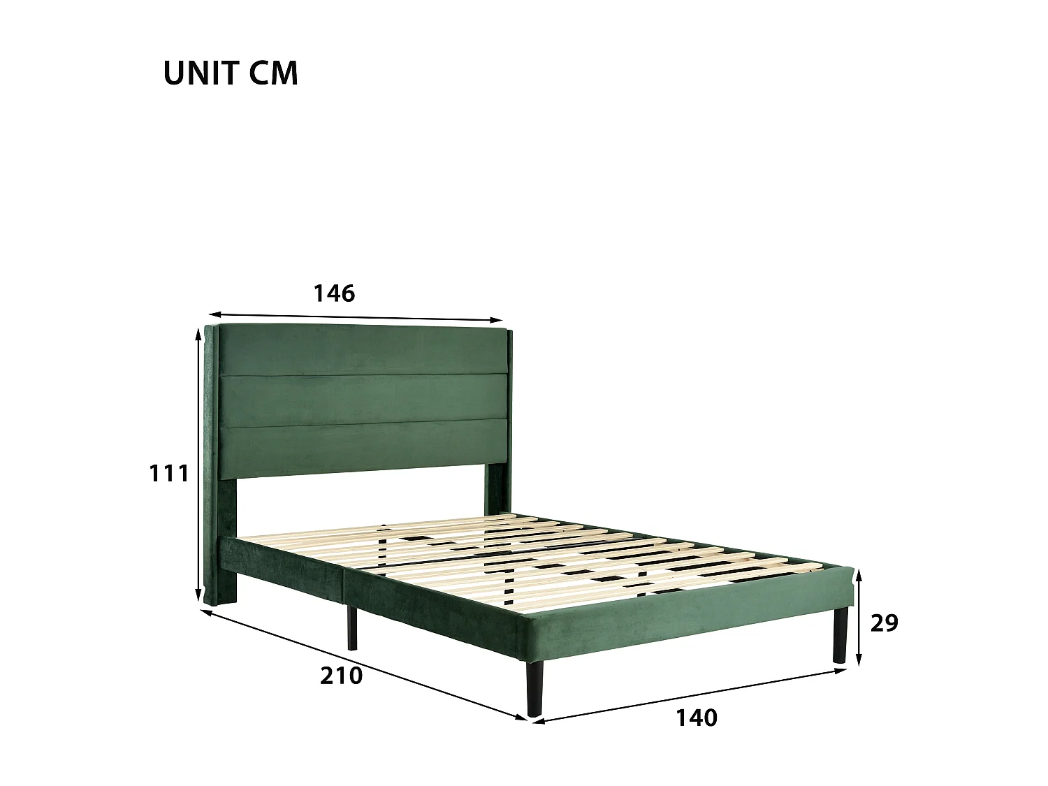 Tweepersoonsbed 140x200cm - fluwelen gestoffeerd bed met lattenbodem en hoofdbord - Groen