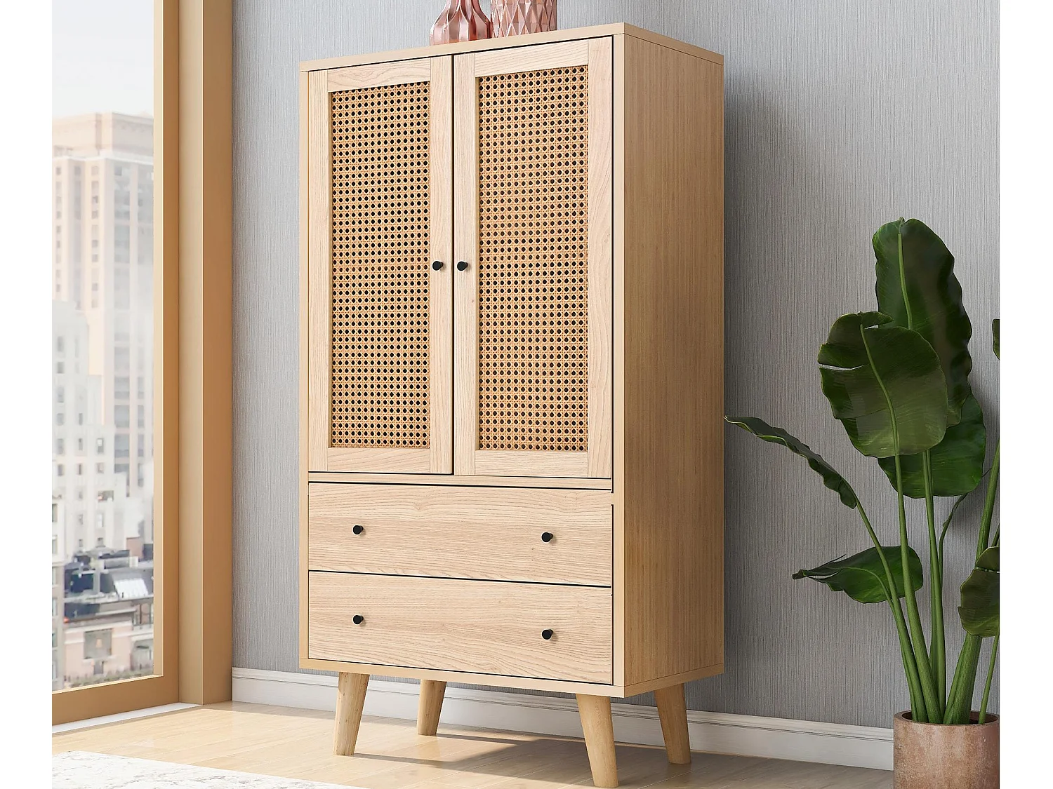 Hoog dressoir - 2 deuren en 2 lades - landelijke stijl - Naturel