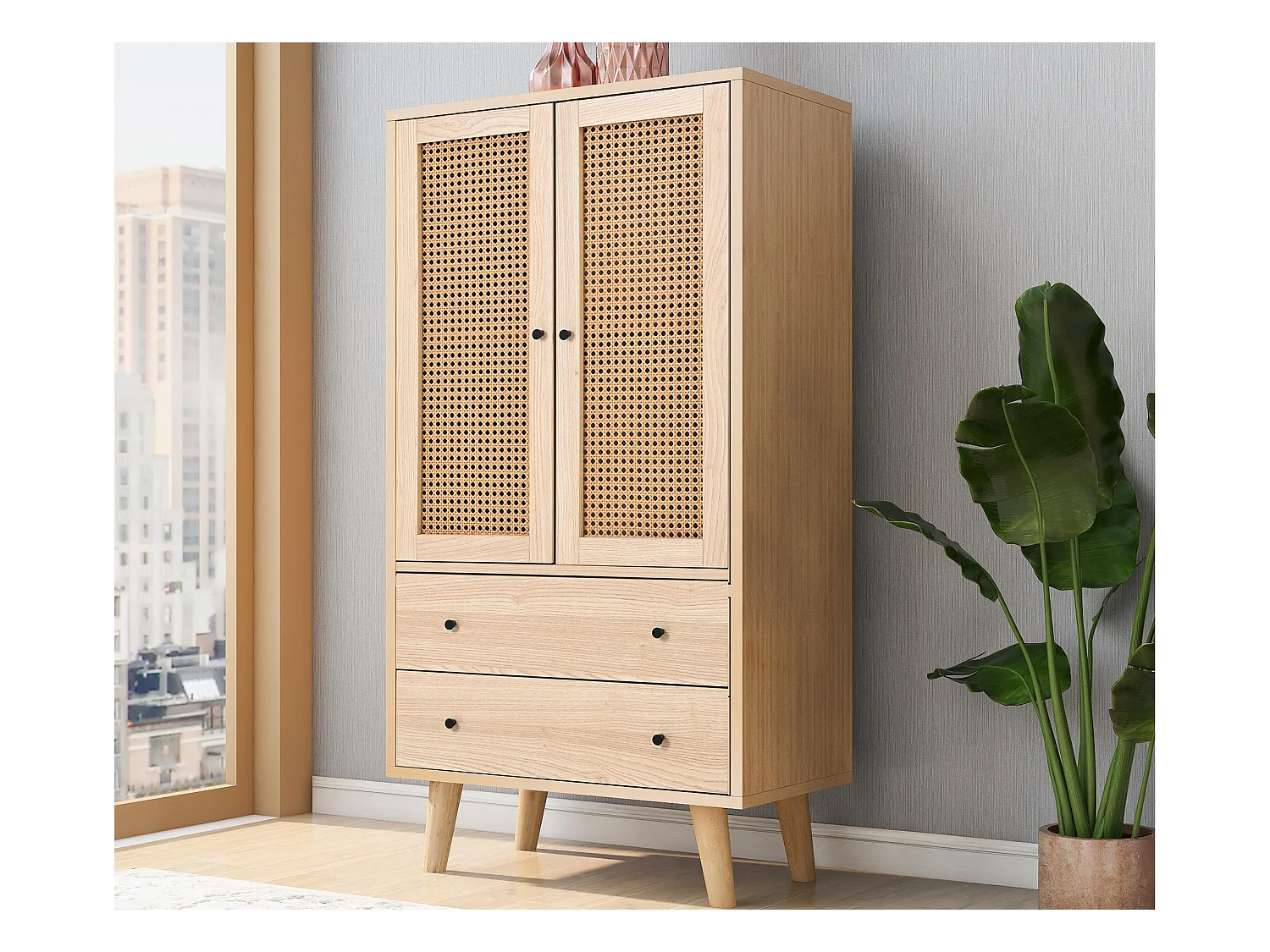 Hoog dressoir - 2 deuren en 2 lades - landelijke stijl - Naturel