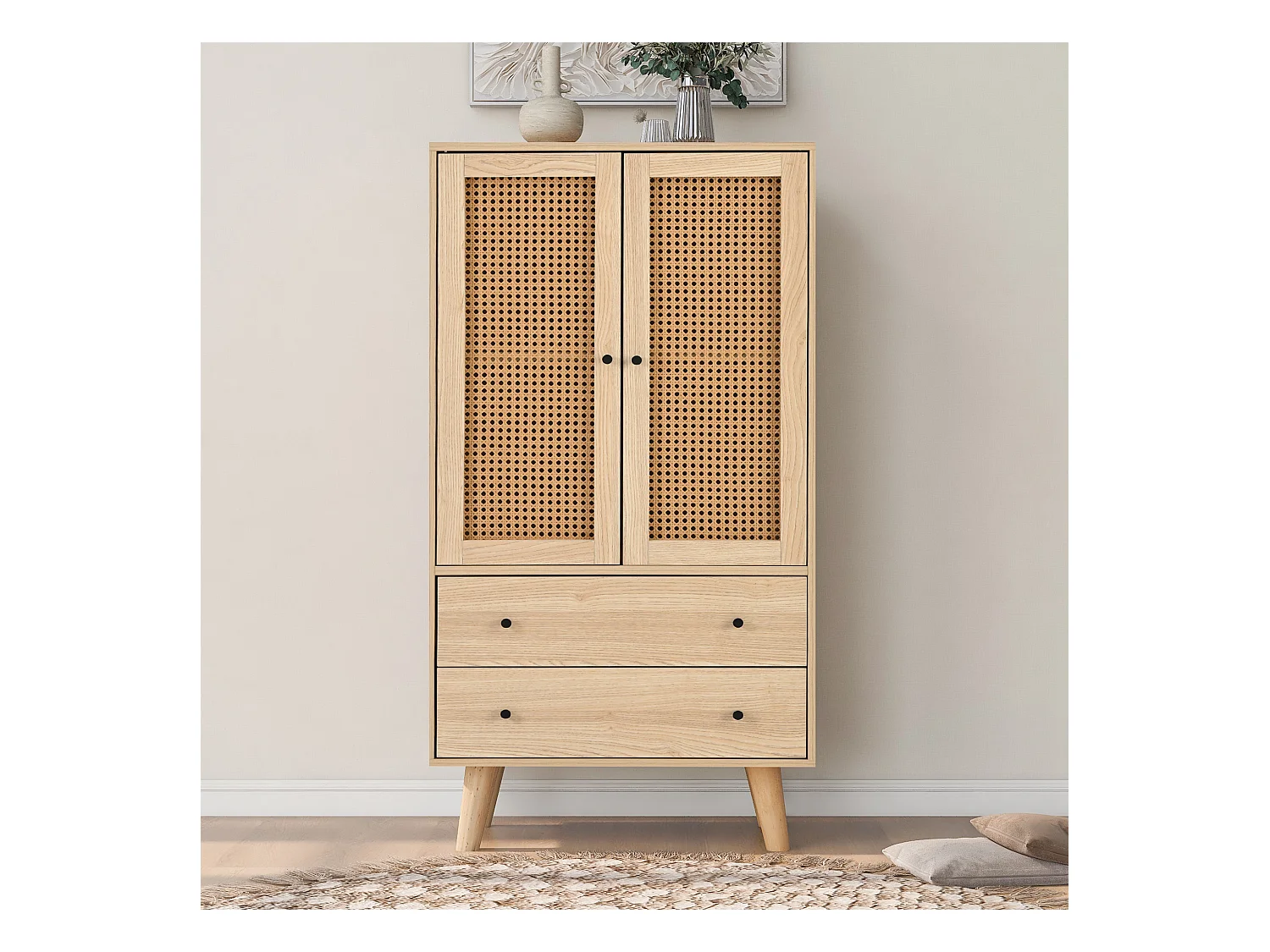 Hohes Sideboard – 2 Türen und 2 Schubladen – Landhausstil – Natur