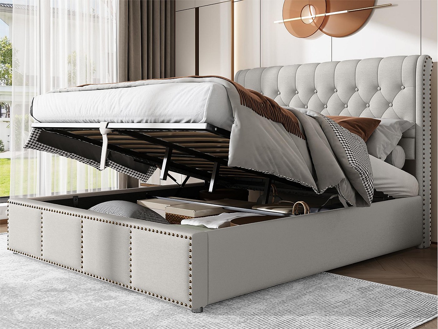 Générique Letto Capitonné 160 x 200 cm con ripostiglio, letto matrimoniale con porta USB di tipo C, letto cassapanca con funzione di ricarica, lettos matrimoniale con rete a listelli, beige