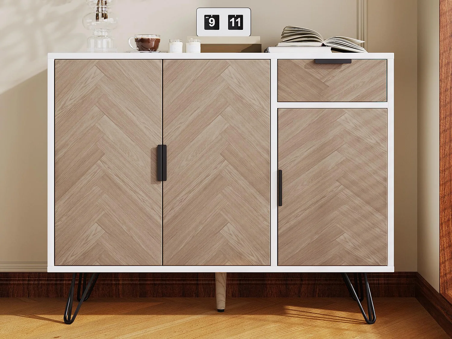 Niedriges Sideboard – 3 Türen und 1 Schublade – MDF – Natur