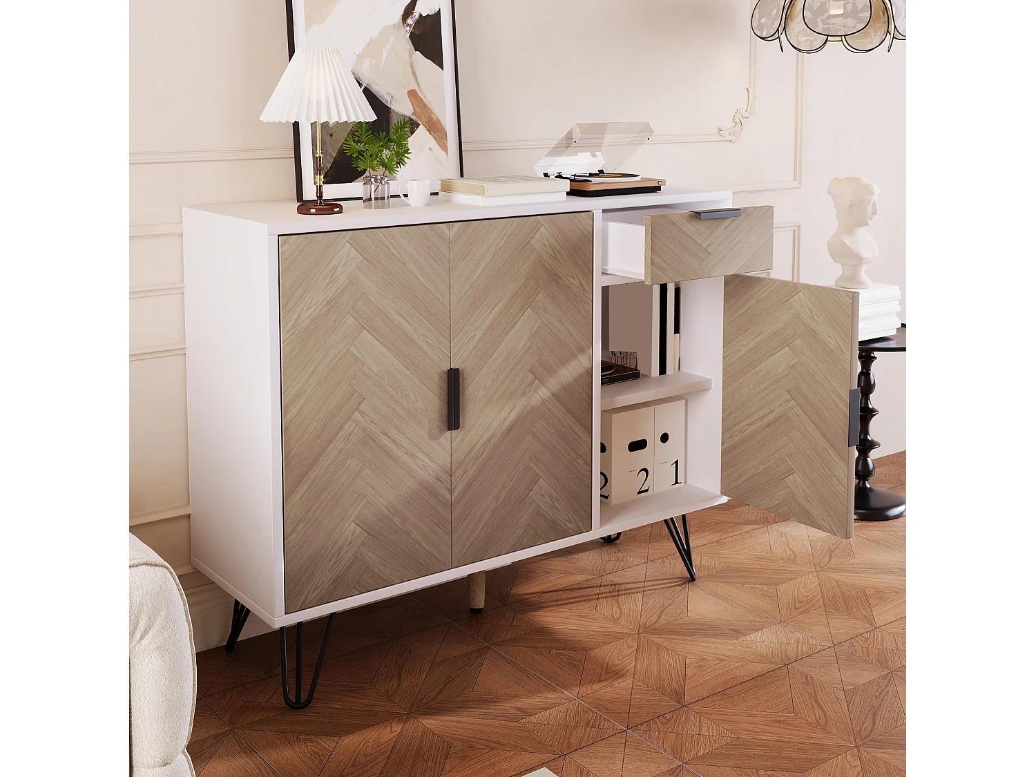 Niedriges Sideboard – 3 Türen und 1 Schublade – MDF – Natur
