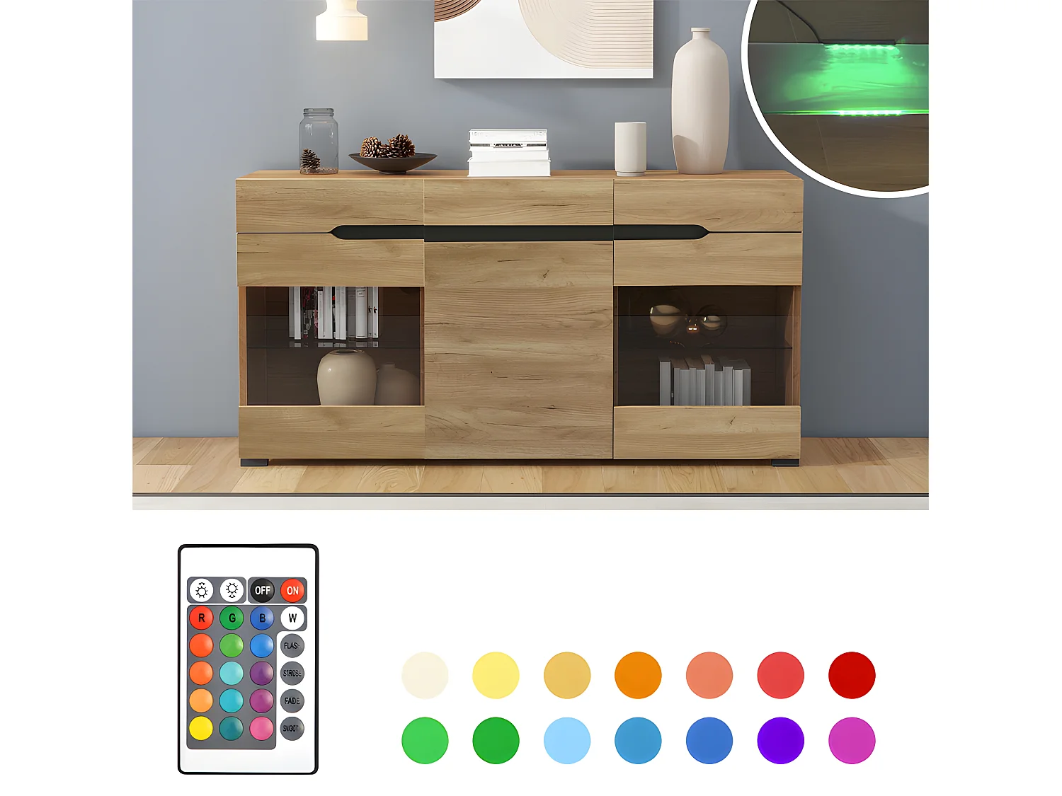 Buffet bas avec LED - 3 portes et 3 tiroirs - Naturel