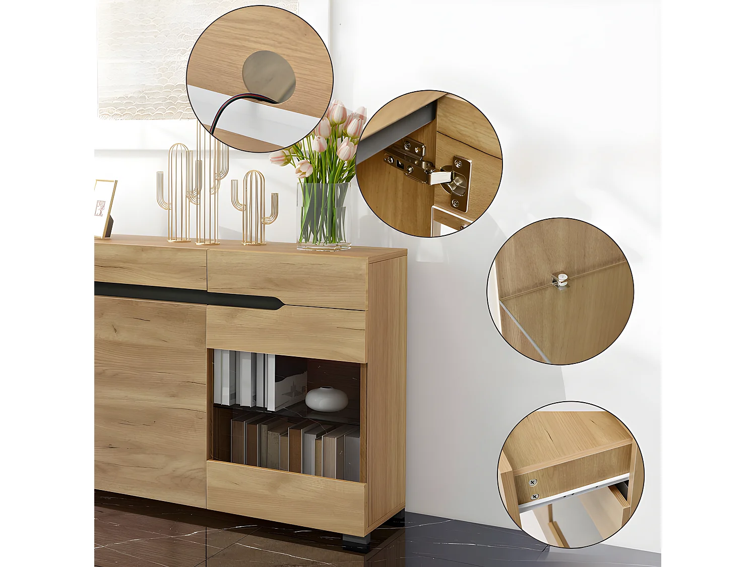 Buffet bas avec LED - 3 portes et 3 tiroirs - Naturel