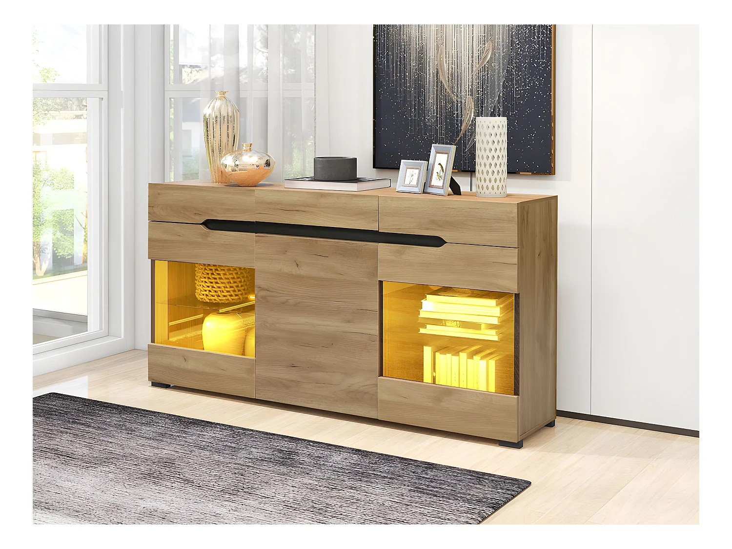 Buffet bas avec LED - 3 portes et 3 tiroirs - Naturel