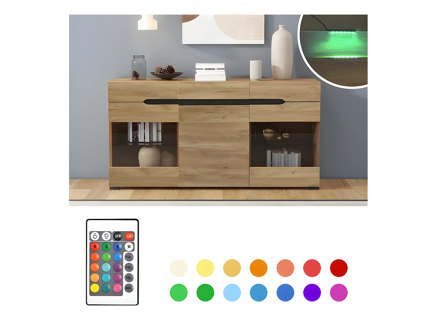 Buffet bas avec LED - 3 portes et 3 tiroirs - Naturel