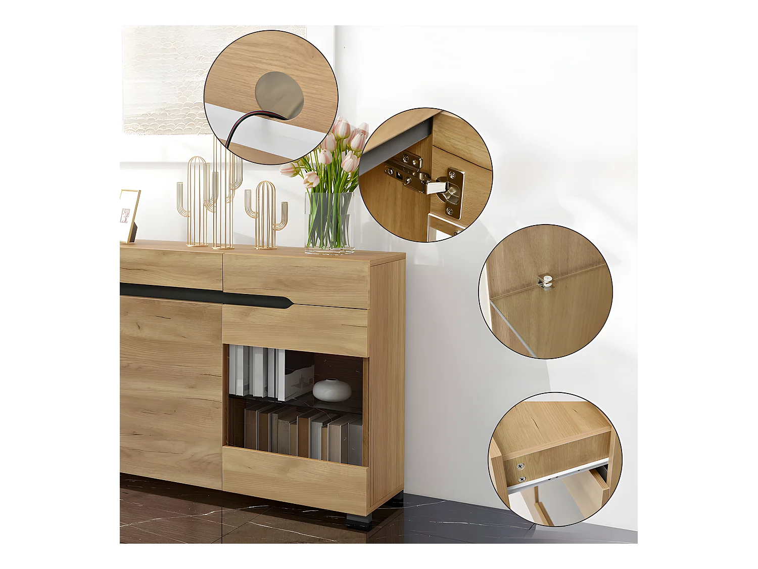 Buffet bas avec LED - 3 portes et 3 tiroirs - Naturel