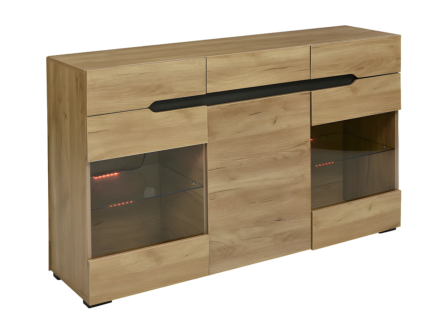 Buffet bas avec LED - 3 portes et 3 tiroirs - Naturel