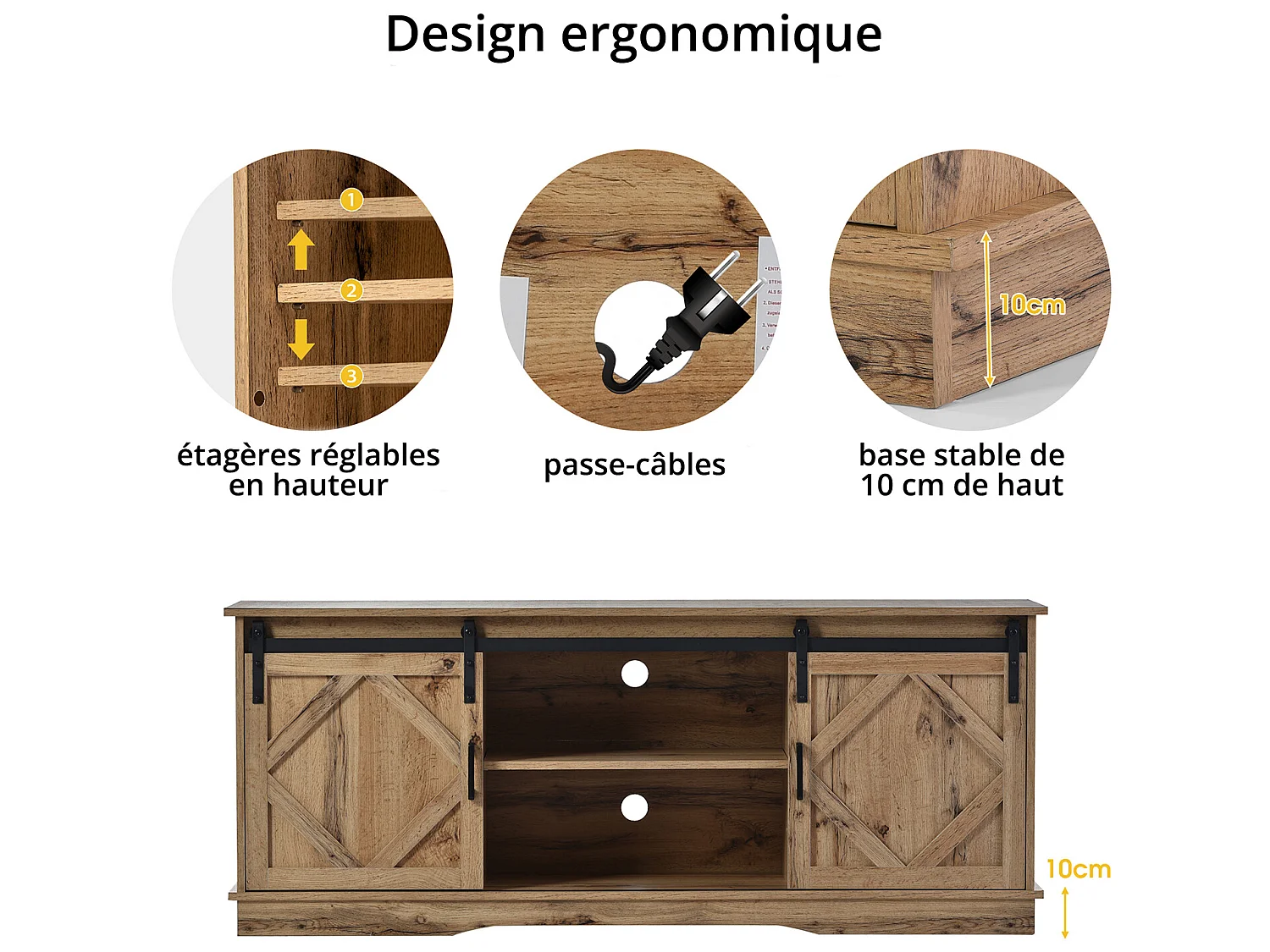 Buffet avec 2 portes coulissantes + compartiments - étagères internes réglables - Naturel