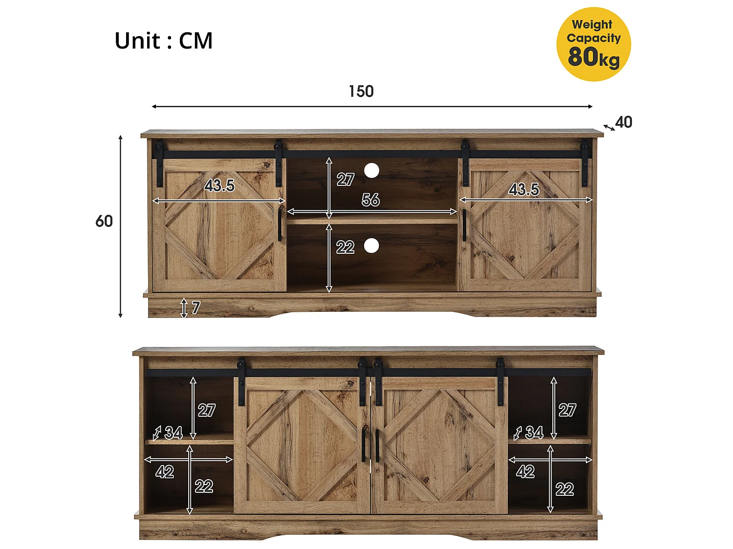 Buffet avec 2 portes coulissantes + compartiments - étagères internes réglables - Naturel