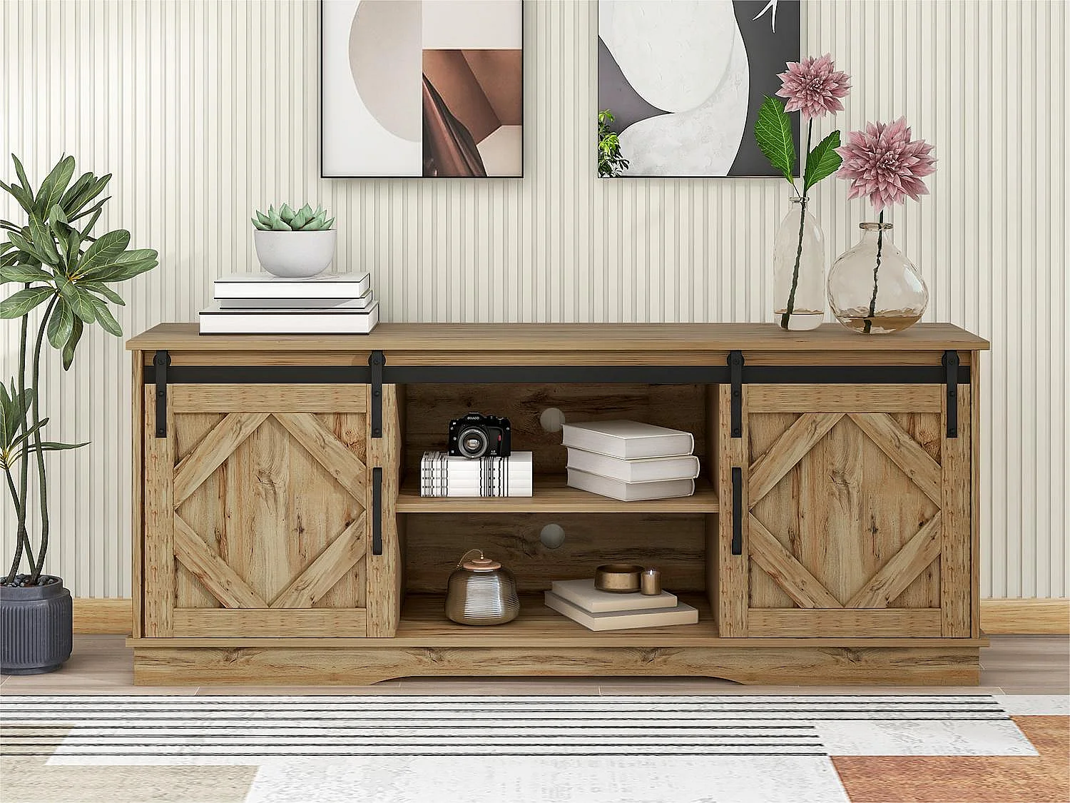 Buffet avec 2 portes coulissantes + compartiments - étagères internes réglables - Naturel