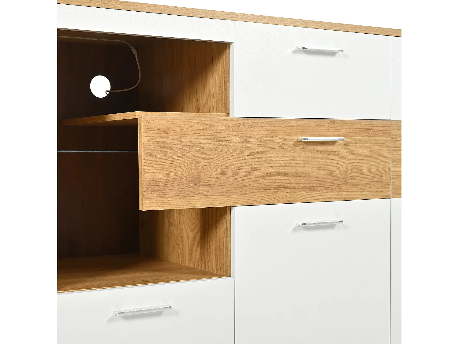 Niedriges Sideboard mit LED – 2 Türen und 4 Schubladen – zeitgenössischer Stil – Weiß und Natur