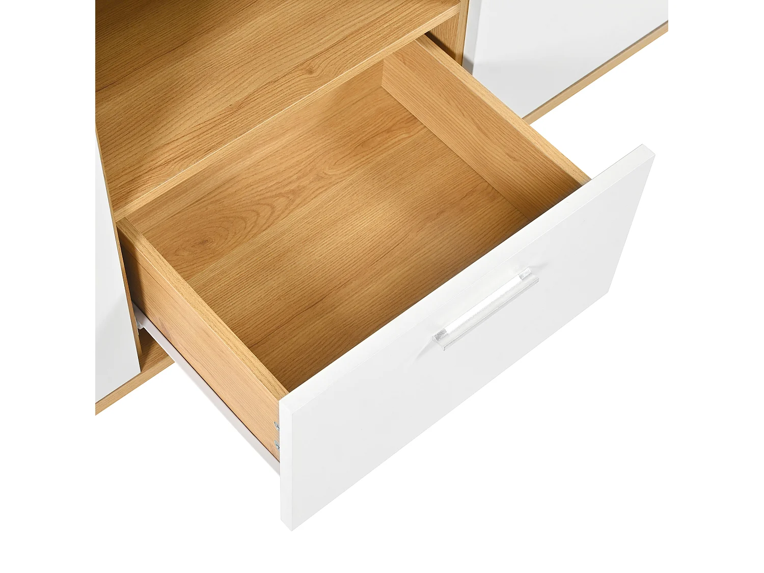 Niedriges Sideboard mit LED – 2 Türen und 4 Schubladen – zeitgenössischer Stil – Weiß und Natur