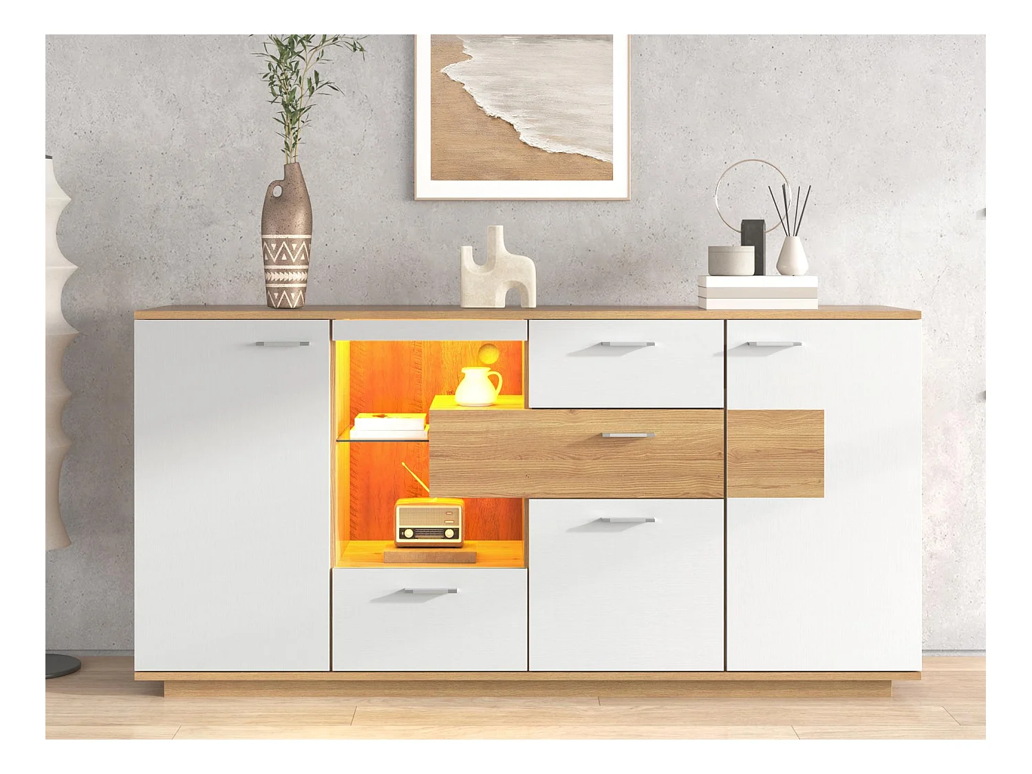 Buffet bas avec LED - 2 portes et 4 tiroirs - style contemporain - Blanc & Naturel