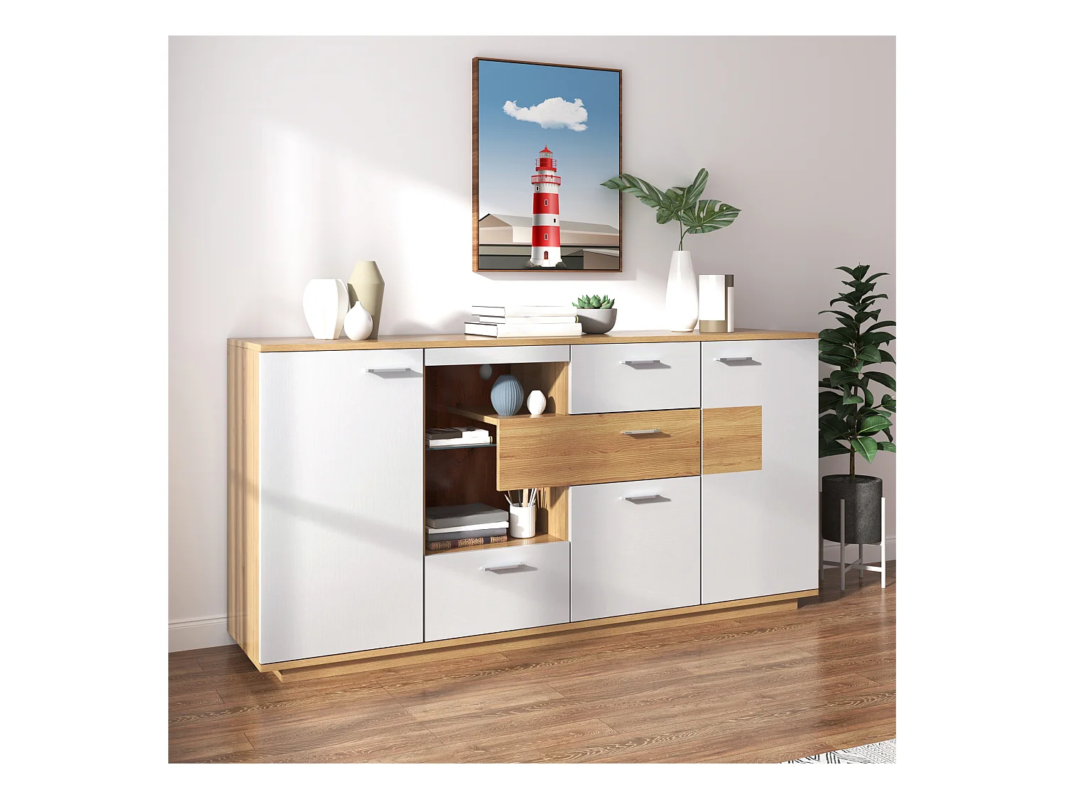 Buffet bas avec LED - 2 portes et 4 tiroirs - style contemporain - Blanc & Naturel