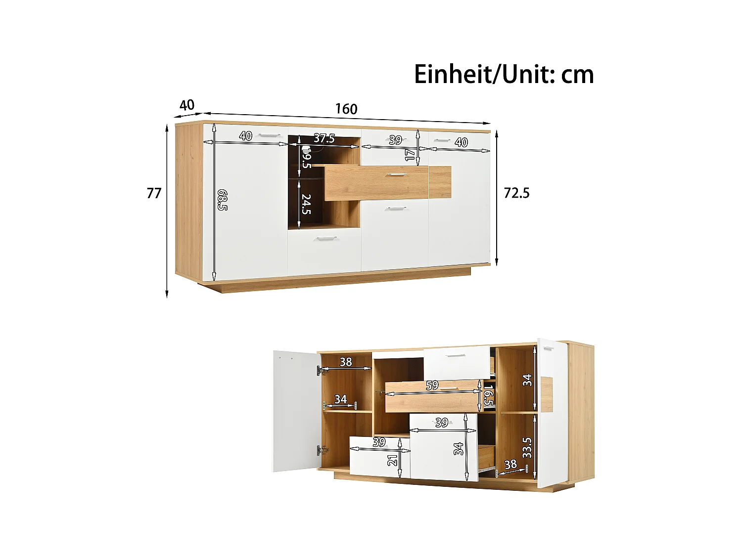 Buffet bas avec LED - 2 portes et 4 tiroirs - style contemporain - Blanc & Naturel
