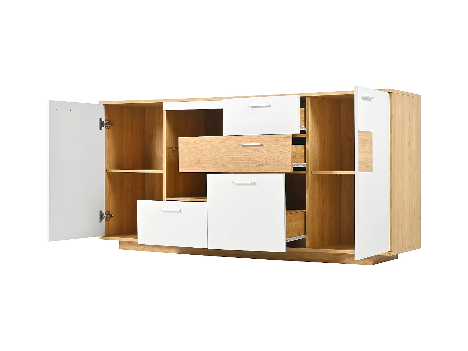 Buffet bas avec LED - 2 portes et 4 tiroirs - style contemporain - Blanc & Naturel