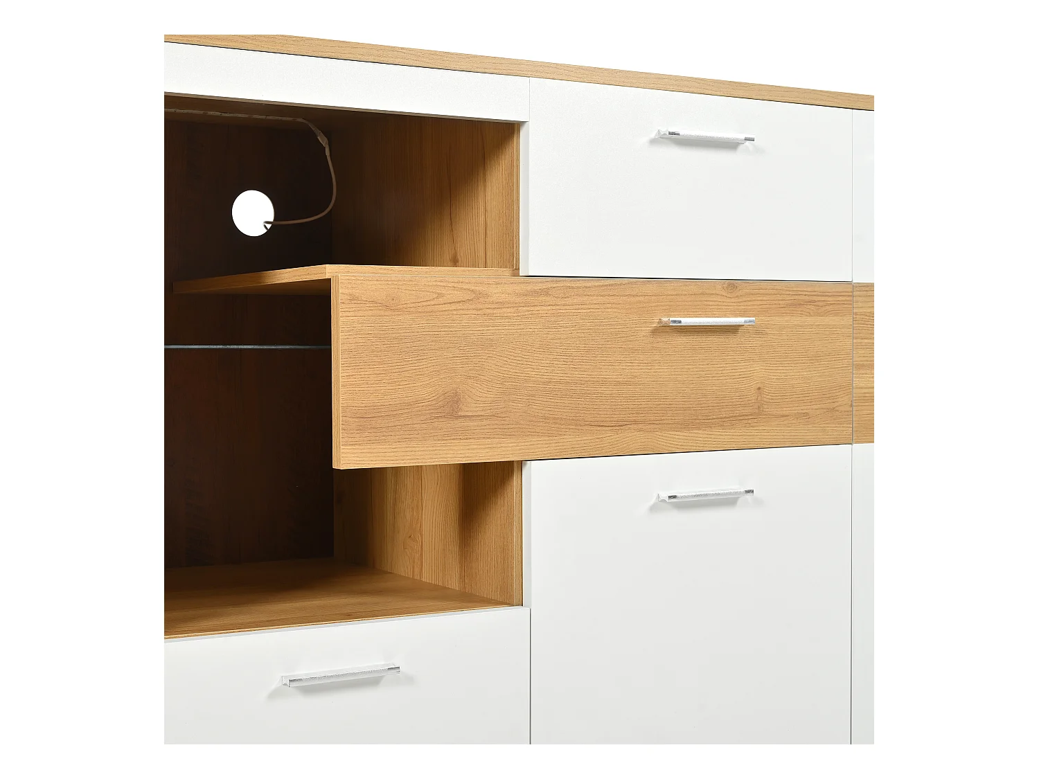 Buffet bas avec LED - 2 portes et 4 tiroirs - style contemporain - Blanc & Naturel