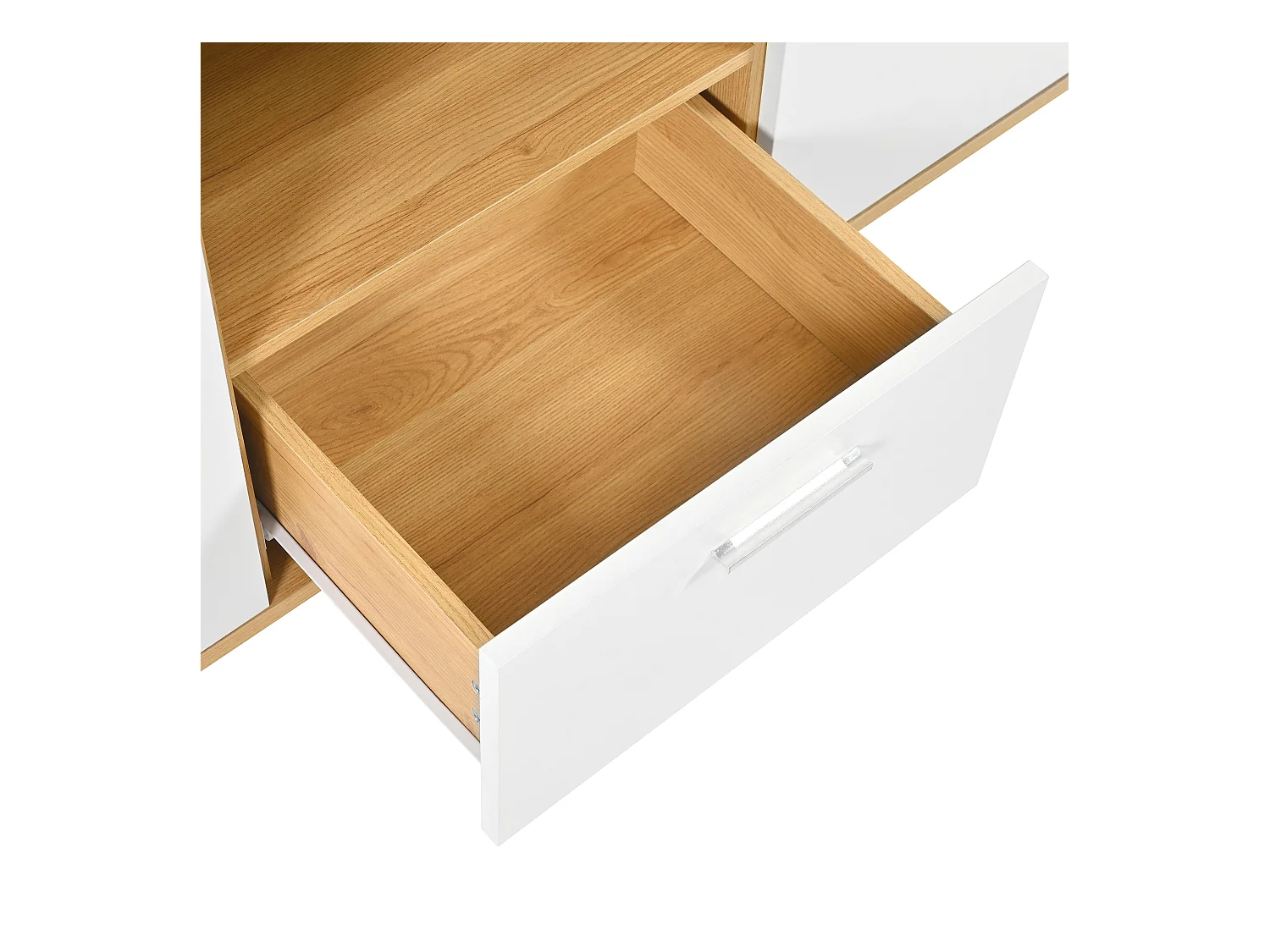 Buffet bas avec LED - 2 portes et 4 tiroirs - style contemporain - Blanc & Naturel