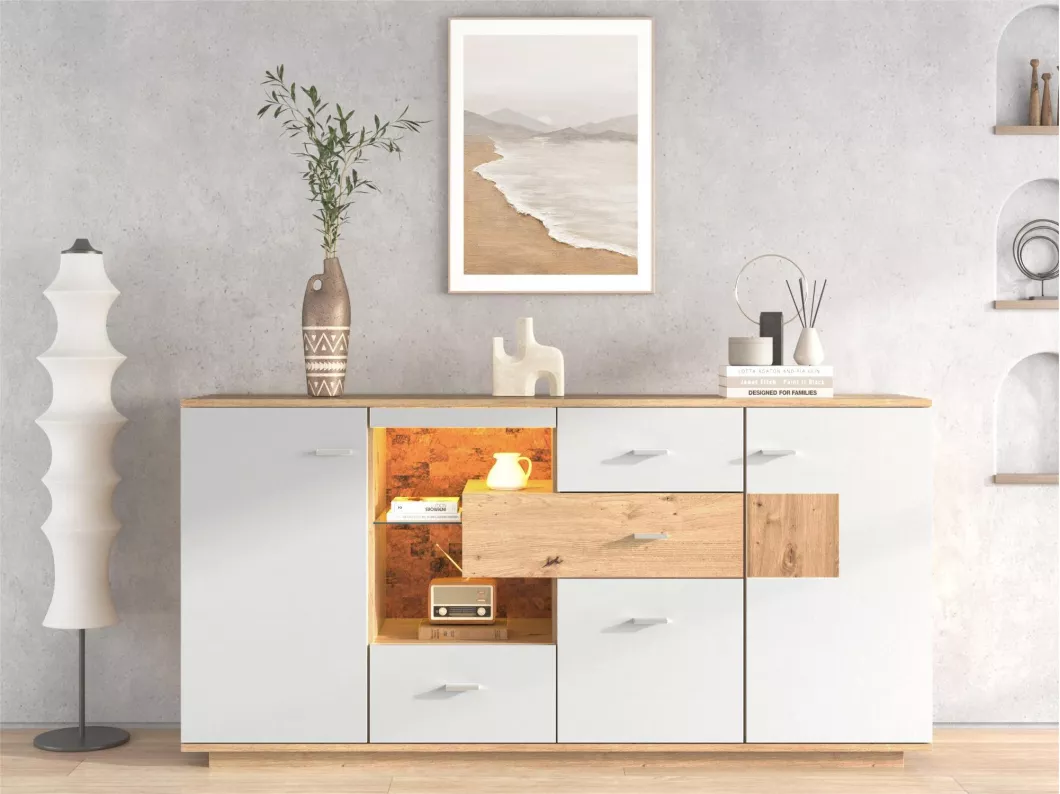 Kauf Unique Niedriges Sideboard mit LED – 2 Türen und 4 Schubladen – zeitgenössischer Stil – Weiß und Natur