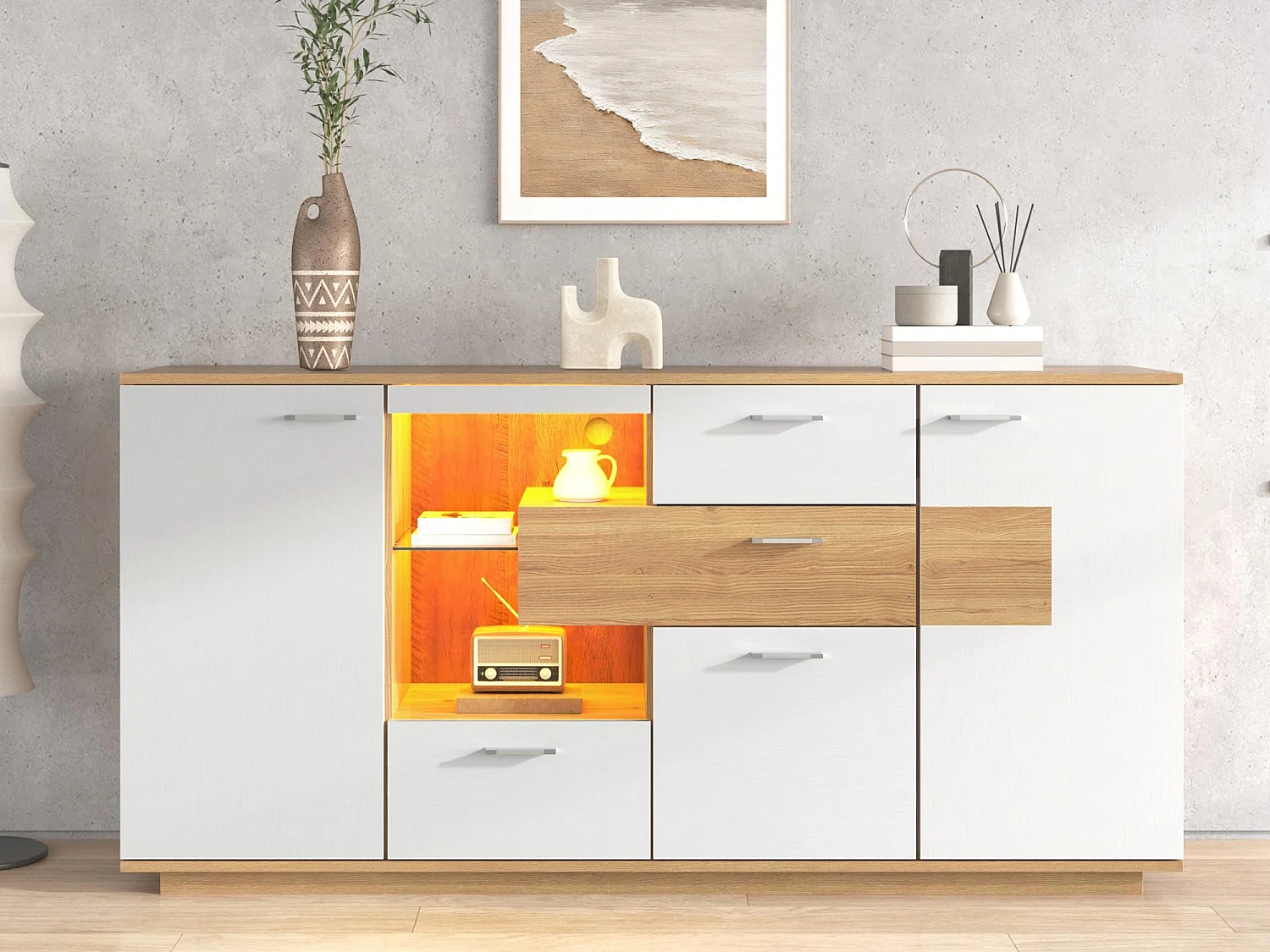 Credenza bassa con LED - 2 ante e 4 cassetti - stile contemporaneo - Bianco e naturale