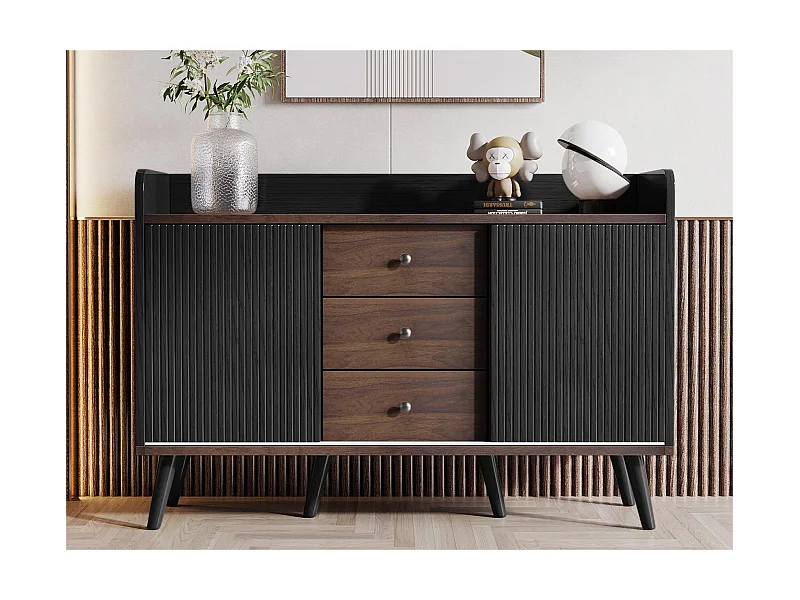 Niedriges Sideboard mit 3 Schubladen und 2 Türen – zeitgenössischer Stil – Schwarz und Natur