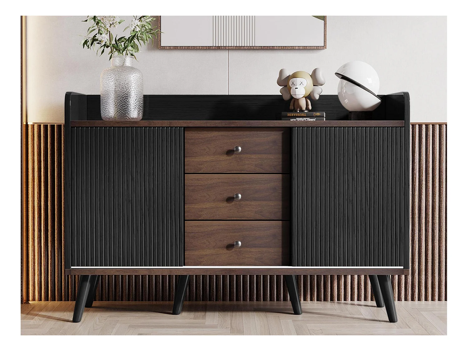 Buffet bas avec 3 tiroirs et 2 portes - style contemporain - Noir & Naturel