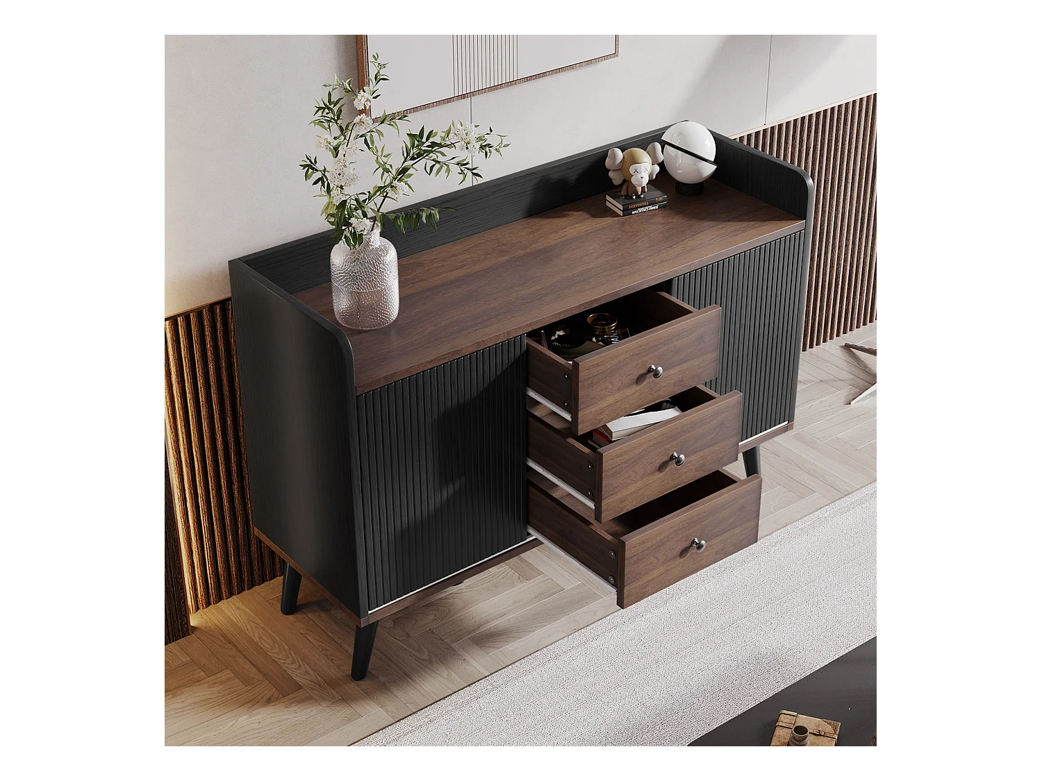 Niedriges Sideboard mit 3 Schubladen und 2 Türen – zeitgenössischer Stil – Schwarz und Natur