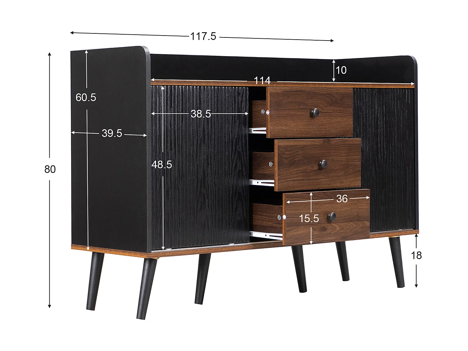 Niedriges Sideboard mit 3 Schubladen und 2 Türen – zeitgenössischer Stil – Schwarz und Natur