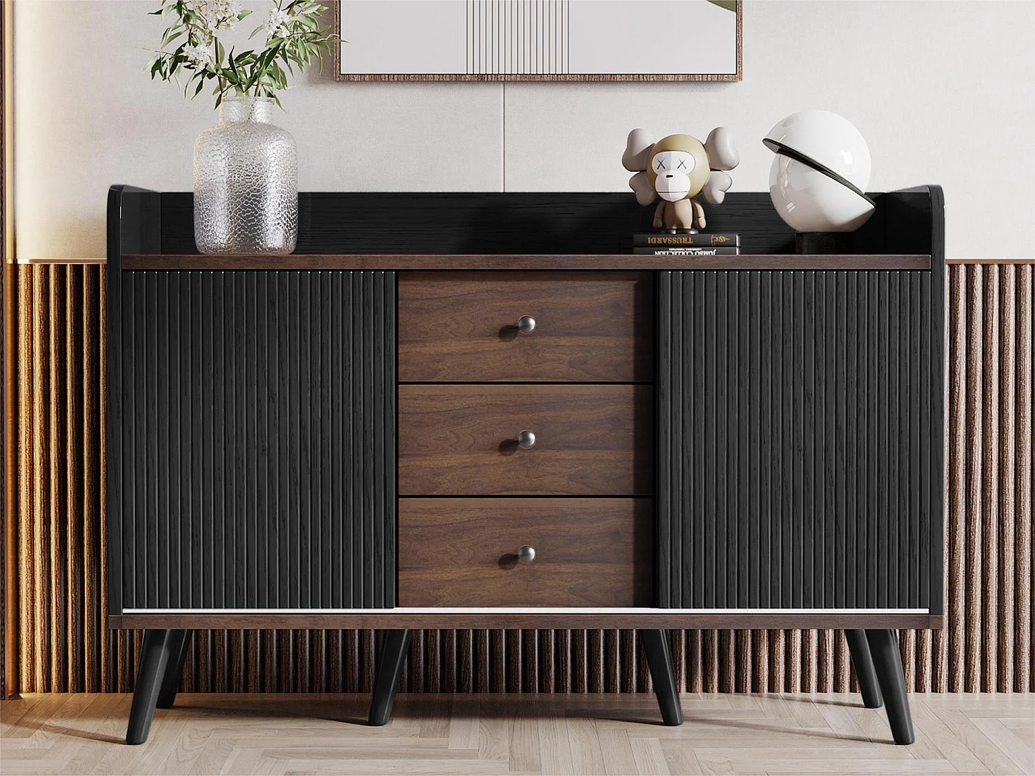 Credenza bassa con 3 cassetti e 2 ante - stile contemporaneo - Nero e naturale