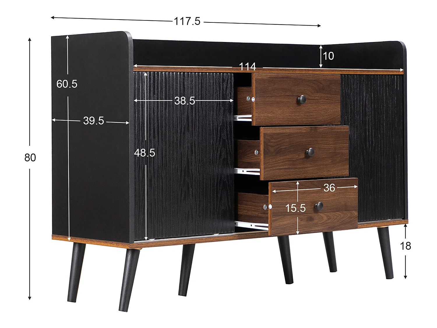 Credenza bassa con 3 cassetti e 2 ante - stile contemporaneo - Nero e naturale