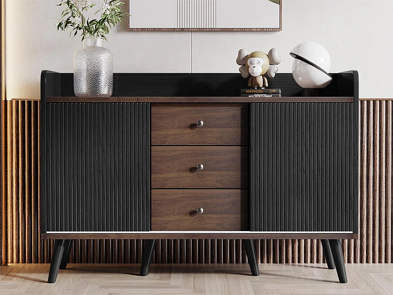 Credenza bassa con 3 cassetti e 2 ante - stile contemporaneo - Nero e naturale